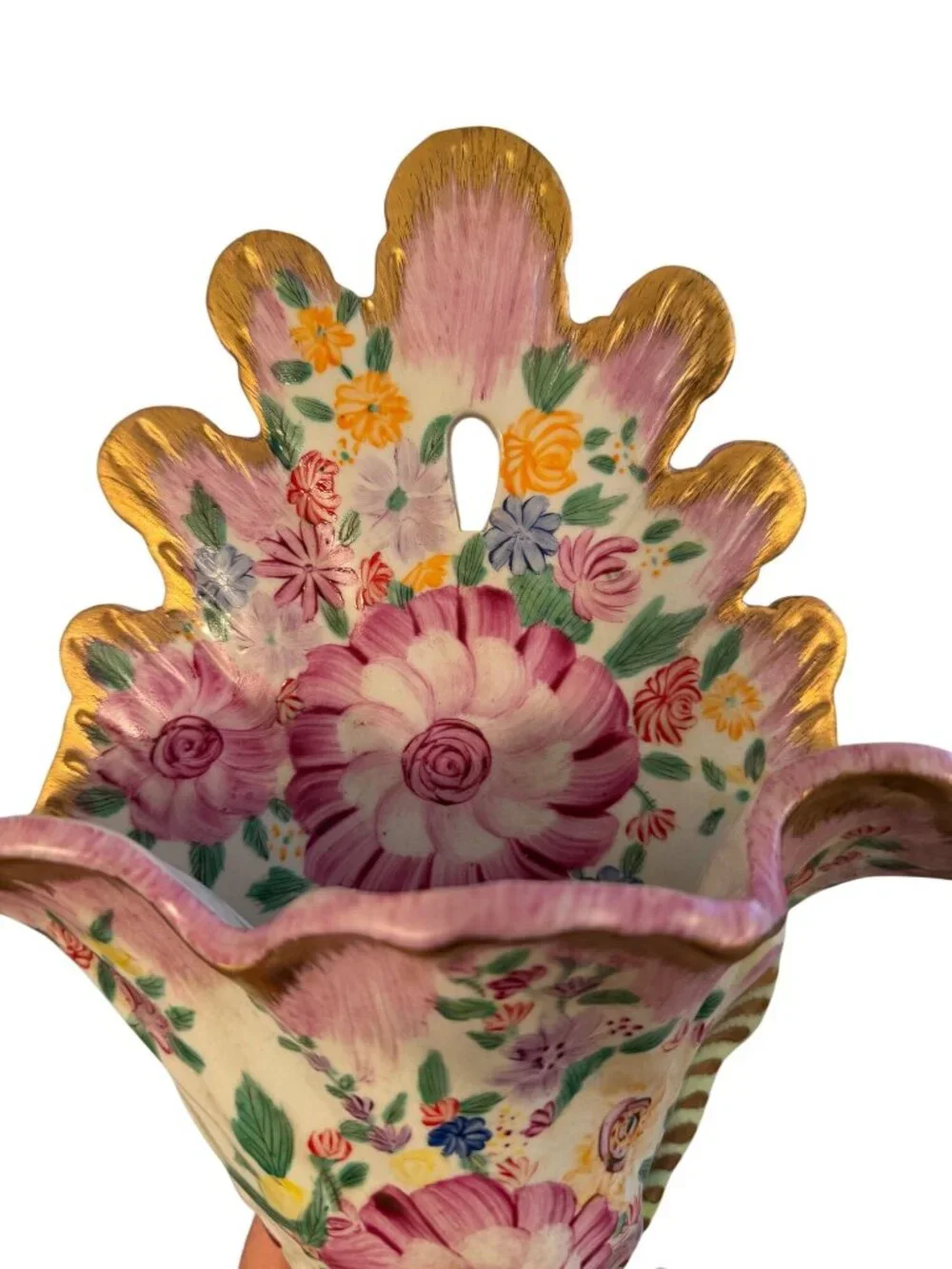 Antique French Cornucopia Shaped Hand-painted Floral Wall Vase Decorative